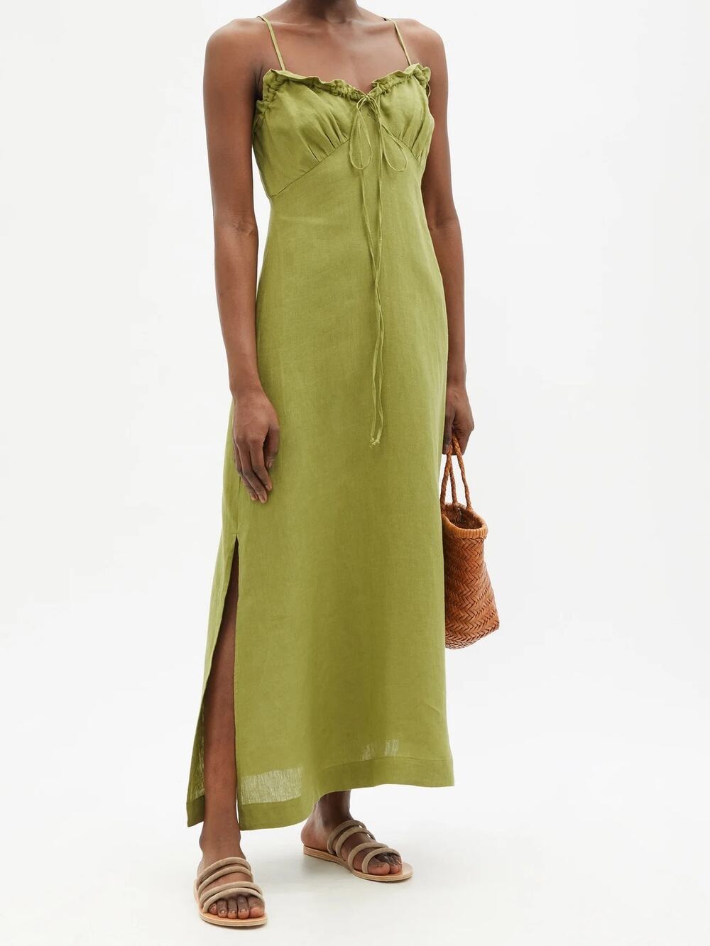 Casa Raki Selina Organic-Linen Voile Midi Dress Olive Green